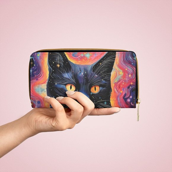 Celestial Cat Zipper Wallet | Tarot Awakened | Red - Pink - Black | Galaxy Style - Picture 2 of 6